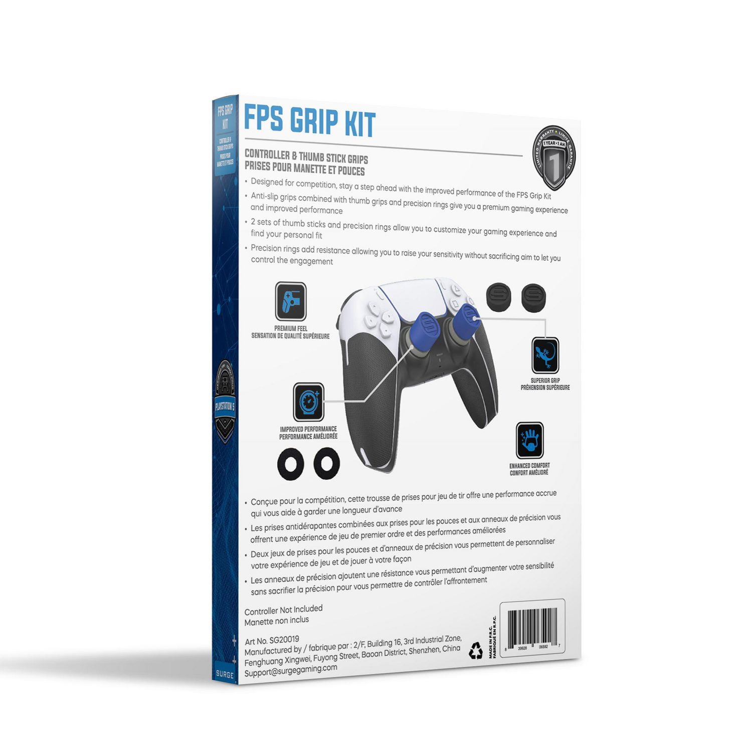 Ensemble avec revêtement et capuchons antidérapants FPS de Surge pour manette de PS5 - Noir