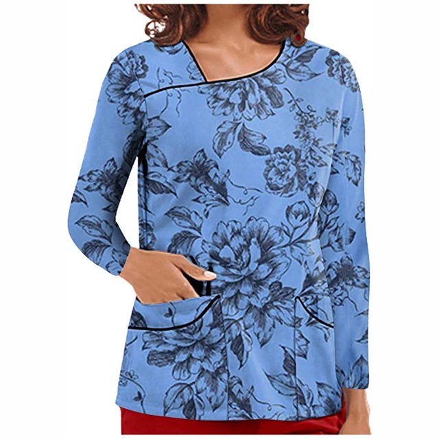 Pompotops Hauts à Col en V pour Femmes, Uniforme de Travail, T-Shirt Imprimé à Manches Longues avec Poches