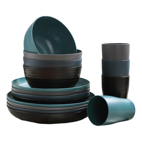 Colorful Plastic Tableware Set 16 Piece Dinner Plates Bowls Cups Dark Color Modern Kitchen
