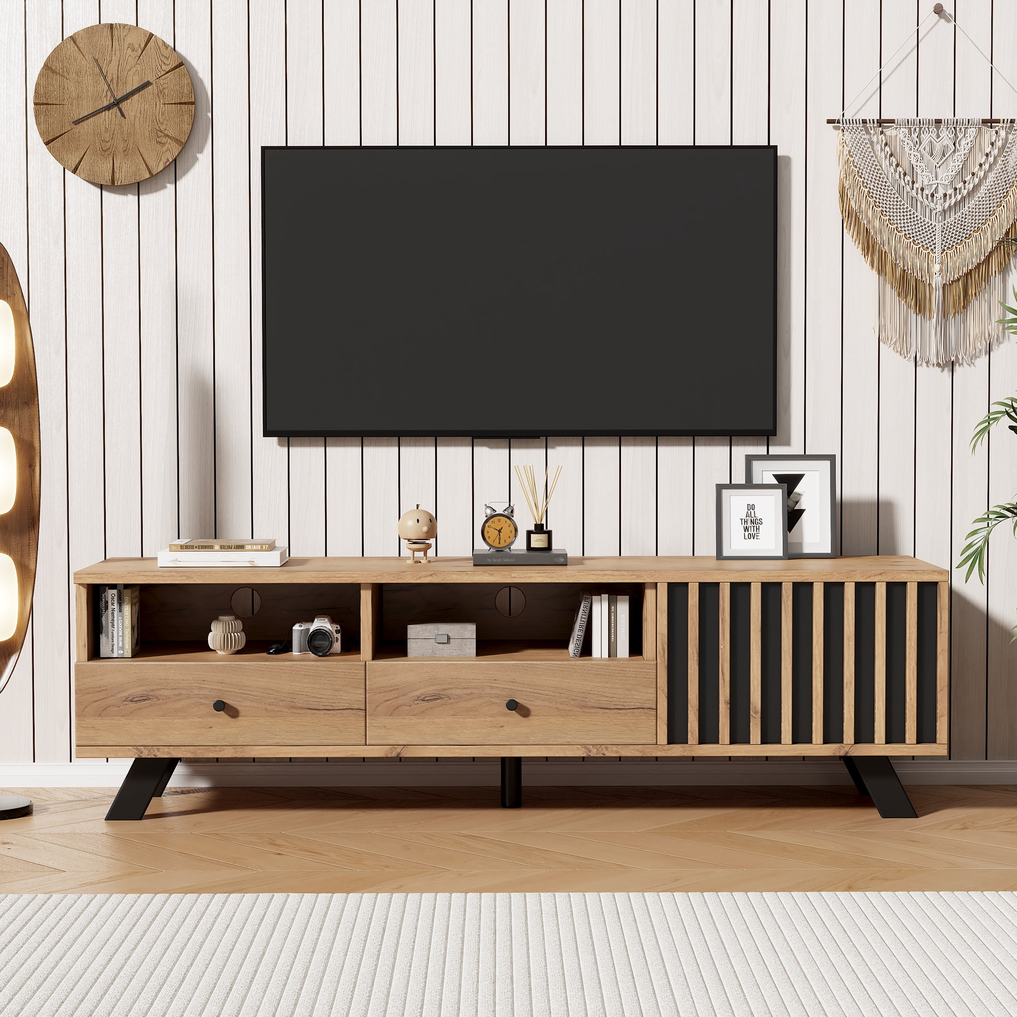 Noble House 59" TV Stand,Open Shelving Wood-Grain Finish Media Console for 65" TV,Natural