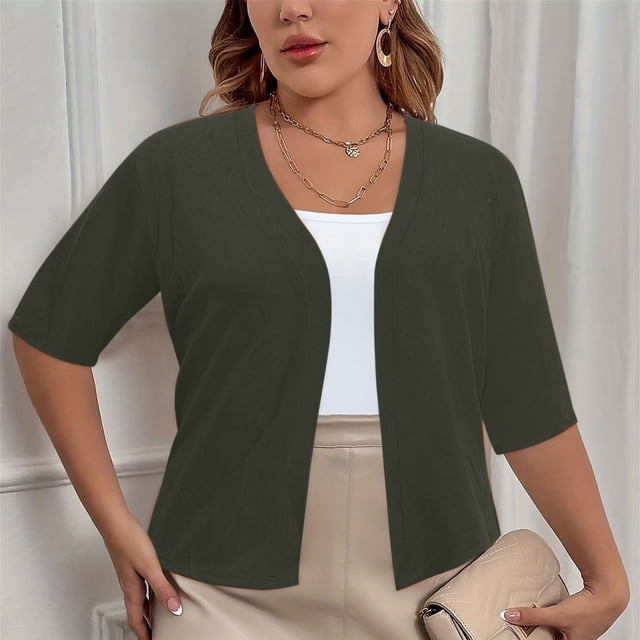 CFLVAEK Fall Cardigan Sweaters for Plus Size Women Casual Short Sleeve Open Front Shrugs Soft Solid Color Cropped Boleros Lightweight Cardigans Cover Ups