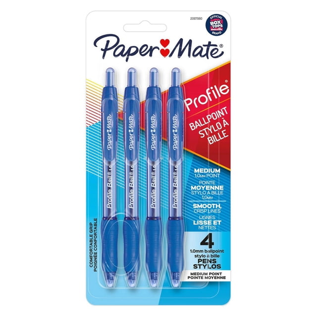 Paper Mate Profile Retractable Ballpoint Pens, Medium Point (1.0 mm), Blue, pack of 4 with retractable tips and soft comfort grips for smooth, crisp lines, suitable for note-taking and journaling.
