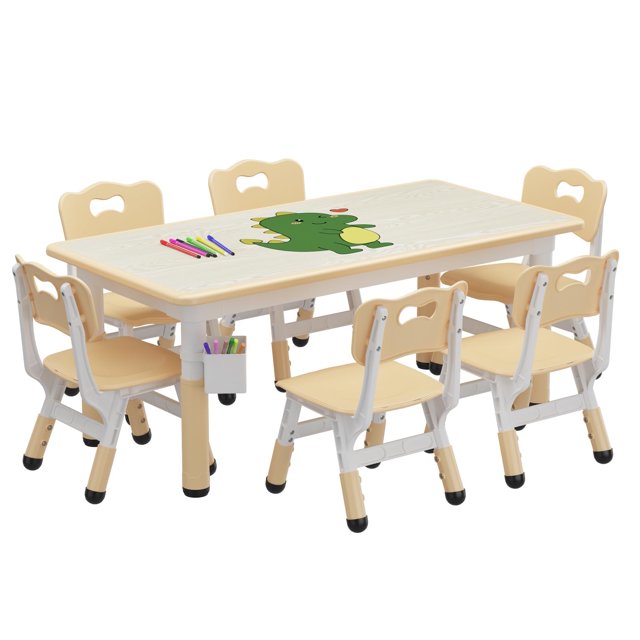2025 New Height Adjustable Kids Table and 6 Chairs Set - Graffiti Desktop, Easy-to-Clean Arts & Crafts Table with Non-Slip Legs, Detachable Storage Box for Daycare, Classroom, and Home