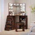 thumbnail image 1 of Corner Vanity and Stool, Corner Vanity Desk with Mirror and Lights, Corner Makeup Vanity with Power Outlet, 3 Color & Brightness Adjustable Light, 1 of 6