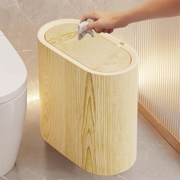 Poubelle à Couvercle Rabattable à Pression Gain de Place, Bac à Ordures Étroit de 29 L en Plastique pour Cuisine, Salle de Bain et Bureau, Sac à Ordures Sécurisé, Corbeille Moderne Brun/beige avec Couvercle à Pression