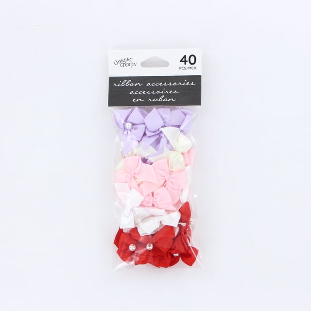 UNIQUE CREATIV Accessoires de Nœud en Boucle, Lot de 40 Nœuds en Ruban 100 % polyester Assortis en Violet pastel, Rose, Blanc et Rouge avec accents de Perles, Chacun 2,5 cm x 2 cm, Idéal pour l'Emballage Cadeau, la Fabrication de Cartes et le scrapbooking.