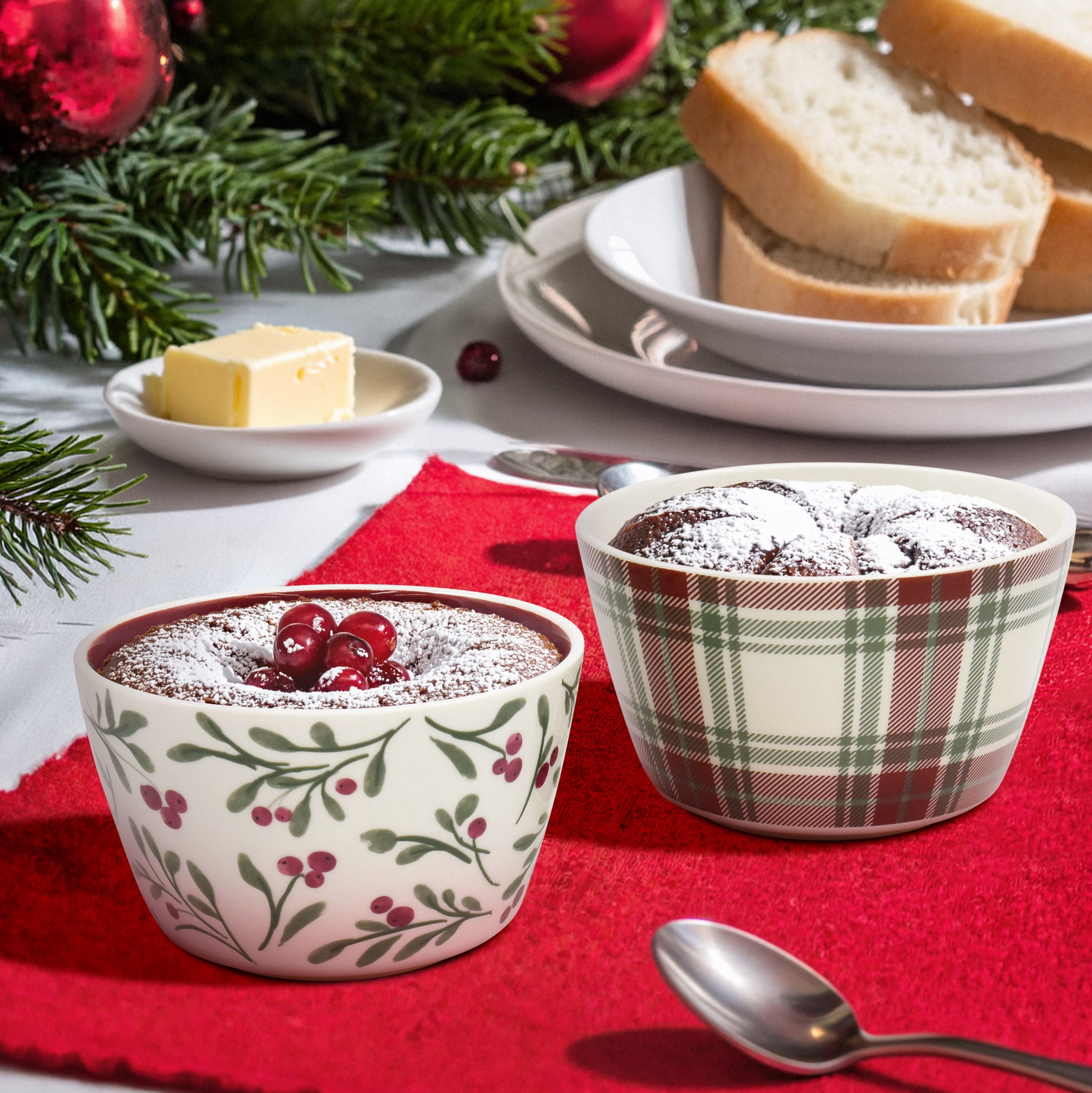 Holiday Time Cranberry Spice Collection Red Green Plaid & Berries Festive Bowl Set, 10.5 fl oz, Stoneware, 2-pack