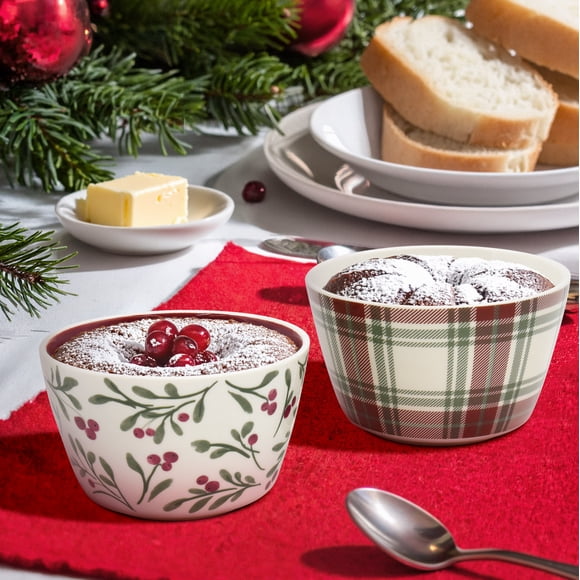 Holiday Time Cranberry Spice Collection Ensemble de bols festifs de Noël à carreaux rouges et verts et à motifs de baies, 10,5 oz liq., en grès, lot de 2