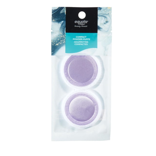 Equate Beauty Compact Powder Puffs set with two round lavender puffs edged in white, packaged clear, designed for applying and blending loose or pressed powder, blush, and shimmer makeup, also suitable as makeup applicators and beauty tools.