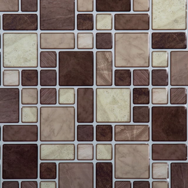 Truu Design Self-Adhesive Multi Square Peel and Stick Backsplash Wall Tiles with a mosaic pattern of glossy, water-resistant PVC tiles in various square and rectangular shapes in brown, beige, and cream tones, ideal for kitchen or bathroom backsplash applications.