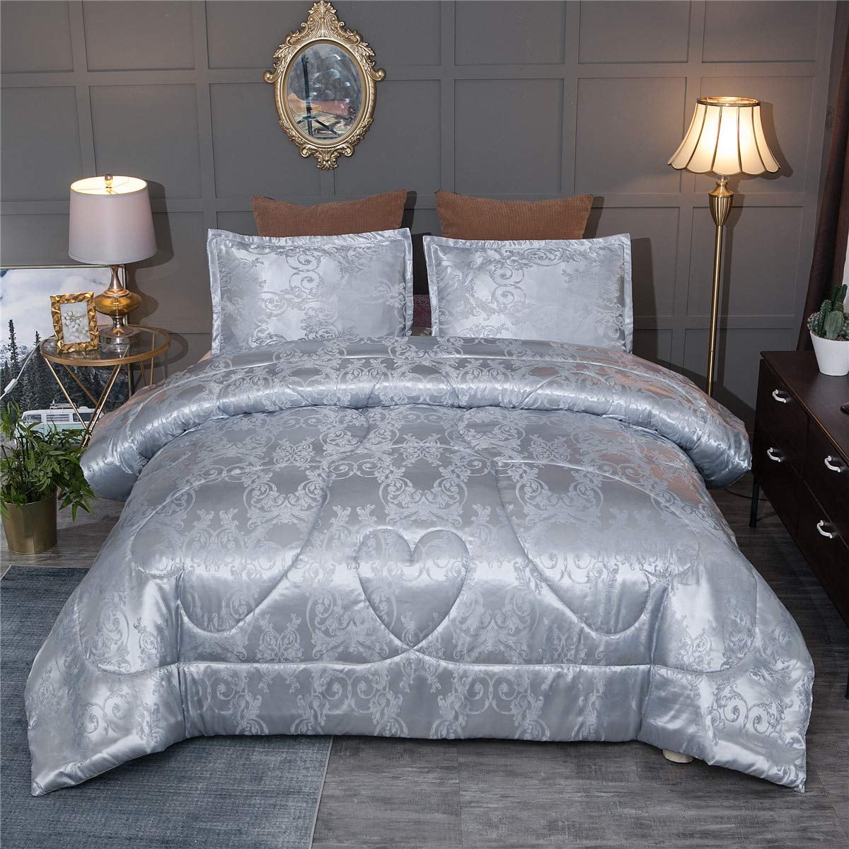 Raytrue-X Grey Queen Size Comforter Sets All Season Silver Bedding Lightweight Comforter for Queen Bed Silk Quilt Microfiber Comforter Set Blanket Matching 2 Pillow Shams (Full/Queen, 88x88 inches)