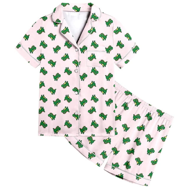 Toddler Girl Pajamas Cute Dinosaur Pattern Printed Short Sleeve Button Down Shorts Set Newborn Girl Clothes Black 12-13 Years