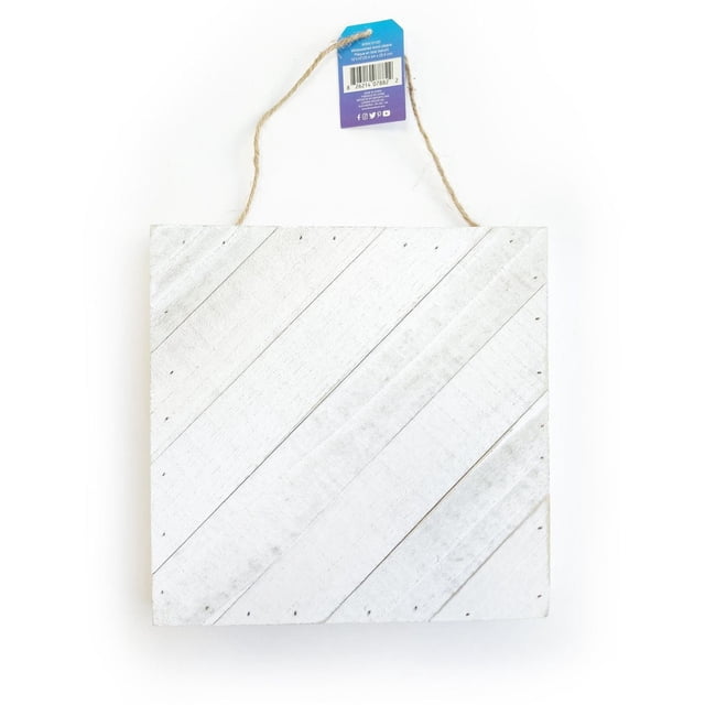 North Shore wood plank 10x10 craft plaque with whitewashed diagonal wood slats and natural twine hanger, suitable for painting, wood burning, or farmhouse-style decoration projects.