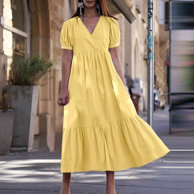 Lenago Robes Décontractées d'Été Grande Taille pour Femmes Mode Col en V Manches Courtes Amples Robe Mi-Mollet Robe Longue Évasée Robe de Fête Plage en Liquidation
