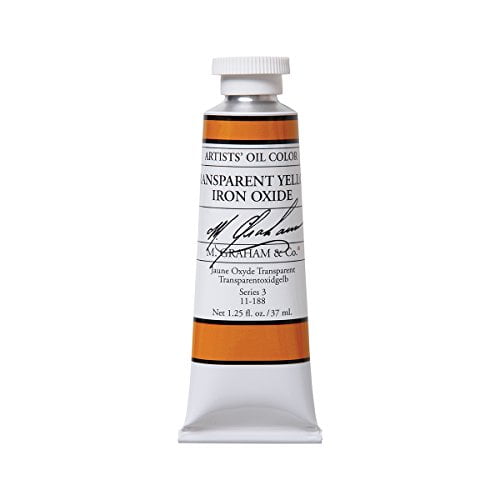 M. Graham Artist Oil Paint Transparent Yellow Iron Oxide 1.25oz/37ml Tube. A professional-grade oil paint in a metallic tube with a white body and orange label, ideal for fine art and detailed painting projects. Suitable for artists and hobbyists.