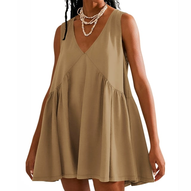 Ovzne Robes pour Femmes Robe d'Été Mode Femmes Été Décontractée Unie à Col en V Sans Manches Robe Courte Robe pour Femmes Liquidation