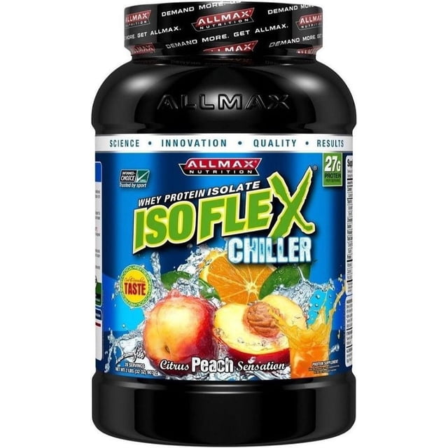 ALLMAX Isoflex Chiller in Citrus Peach Sensation flavor, a 908-gram container of pure whey protein isolate. The packaging highlights 27 grams of protein per serving, zero sugar, and zero fat. The label features vibrant imagery of peaches, oranges, and splashes of water, emphasizing its refreshing juice-style drink concept.