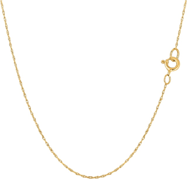 14k Yellow Gold Rope Chain Necklace, 0.4mm, 20-inch length. This delicate rope-style chain features a high-polished finish for a shiny appearance and includes a secure spring ring clasp. Made of solid 14k yellow gold, it is stamped with the 14k metal mark. Suitable for wearing alone or with pendants, this necklace comes in a gift box.
