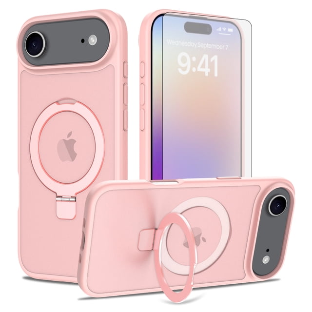 Asuwish Phone Case for iPhone 17 Air 6.5 inch Tempered Glass Screen Protector Magnetic Folding Stand Frosted Translucent Rugged Shockproof Protective Cell Cover i Phone17 i17 17Air Women Men Pink