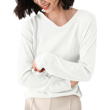 Duoif Women's Tops Women's V Neck Sweater Long Sleeved Solid Color Pullover with A Base Shirt Spring and Autumn Loose Sweater Top Tshirts Shirts for Women White S