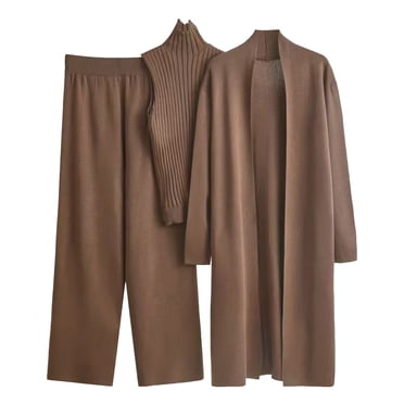 Fall/Winter Saving! HVOBTTY 3 Piece Sweater Sets for Women, Women's Fall and Winter Long Windbreaker High Neck Inner Sweater Elastic Waist Wide Leg Pants Knitted Three Piece Set Coffee, Free Size