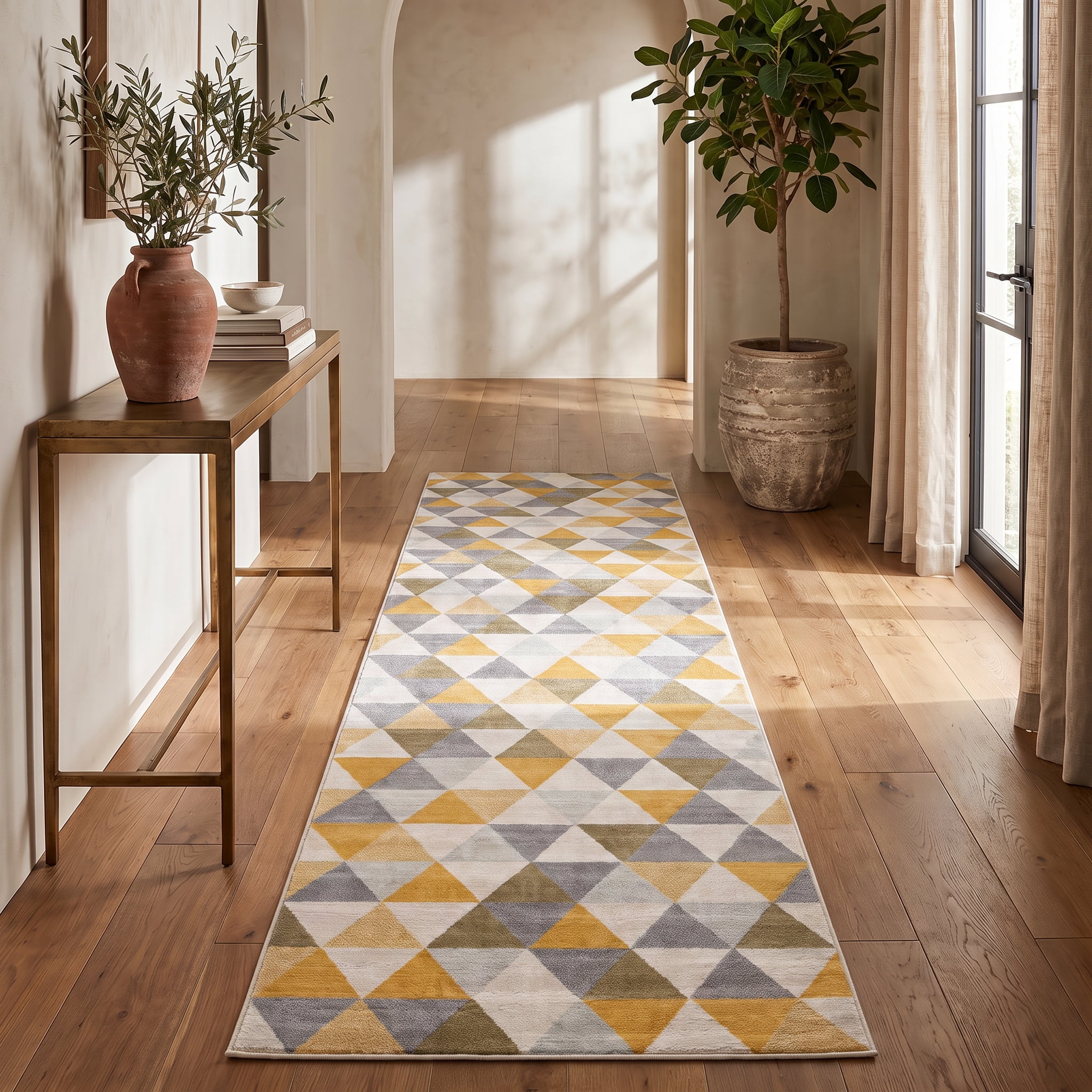 Tapis Branch Savannah 2' x 9' (Taille exacte : 2'3" 9') de couloir moderne du milieu siècle, jaune beige, géométrique pour entrée, couloir, salle bain et cuisine