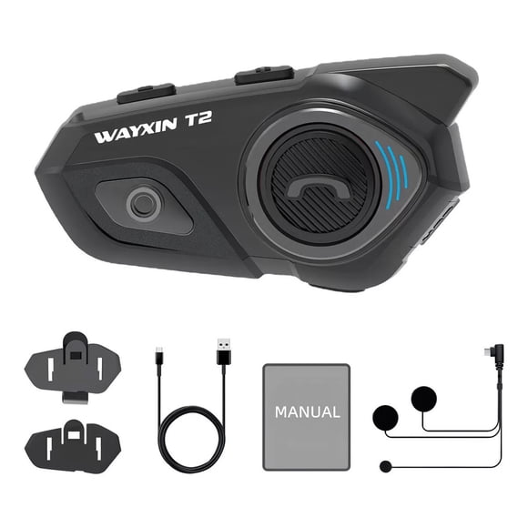 Wayxin T2 Motorcycle Helmet Bluetooth Headset with Auto-Answer, IPX6 Waterproof, 2-Person Full-Duplex Intercom (30m Range), 40mm Hi-Fi Speakers, DSP&CVC Noise Reduction, Type-C Fast Charging, Easy