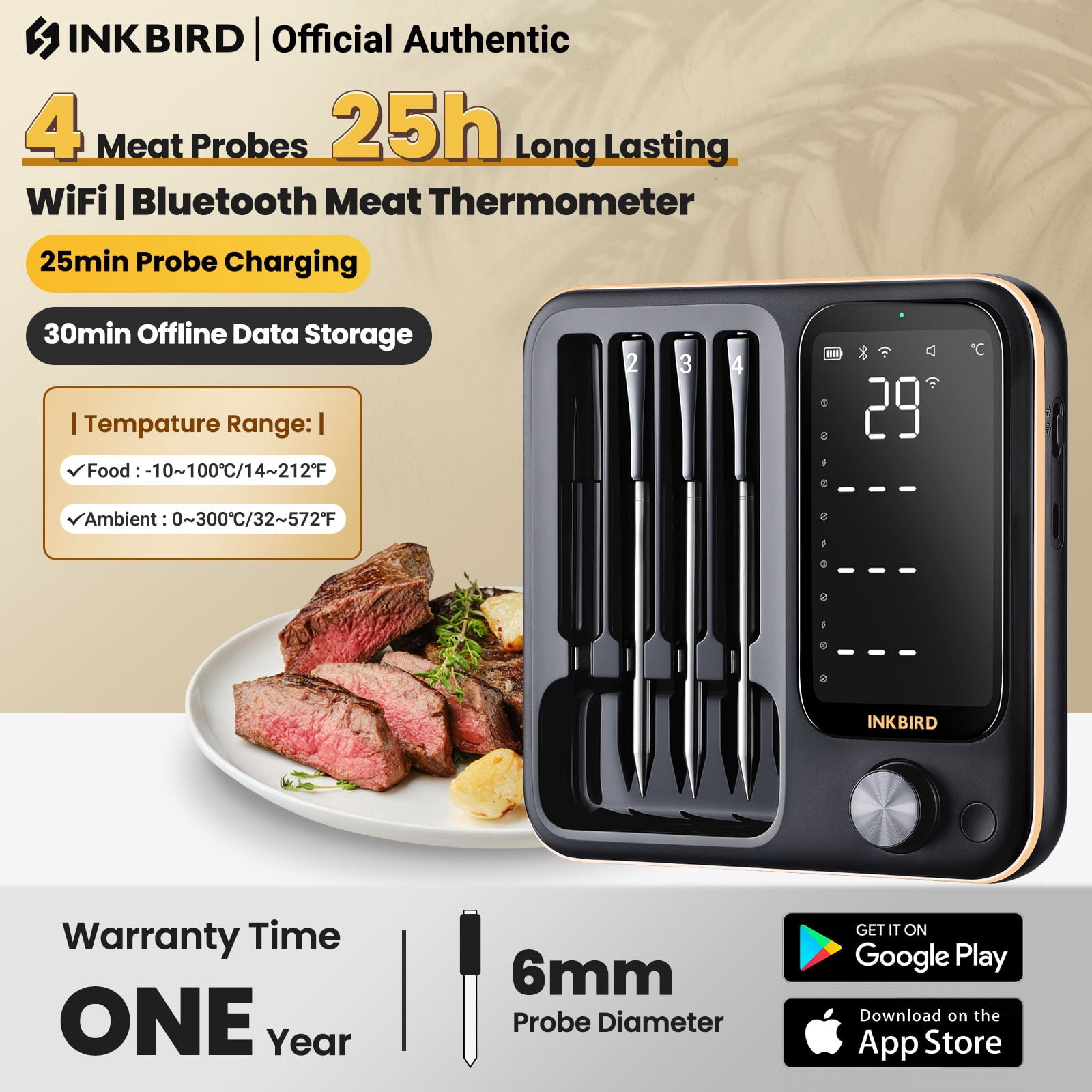 WiFi Meat Thermometer,Bluetooth Wireless Truly Cooking Food Thermometer,Barbecue Grill,Three-Mode Pre-alarm/Timer 4-Probe