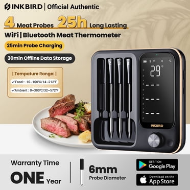 Thermomètre à Viande Wi-Fi, Thermomètre Alimentaire Sans Fil Bluetooth Véritable pour la Cuisson, Gril Barbecue, Pré-Alarme/minuteur à Trois Modes à 4 Sondes