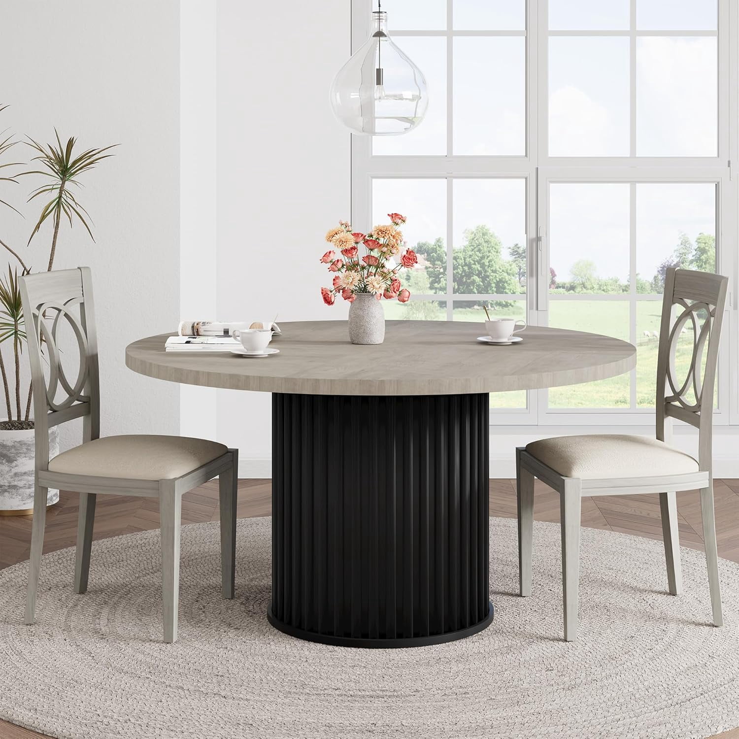 47" Round Dining Table for 4-6 People, Dining Room Table with Sturdy Waveform Metal Pedestal Base, Farmhouse Circle Kitchen Table for Dining Room, Kitchen