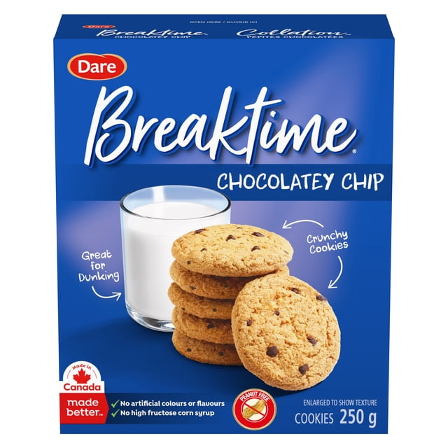 Breaktime Biscuits aux Pépites de Chocolat par Dare, Boîte Bleue de 250 g Affichant une Pile de Biscuits aux Pépites de Chocolat Croquants avec des Morceaux de Chocolat Visibles à Côté d'Un Verre de Lait, Sans Arachides, Sans Colorants, Arômes Ni Sirop de Maïs à Haute Teneur en fructose Artificiels, Fabriqué au Canada, Convient pour l'Heure des Collations Ou pour Tremper.