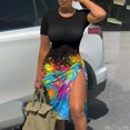 thumbnail image 3 of Pompotops Women's Sexy Summer Short Sleeve Round Neck Printed Drawstring Slitting Dress, 3 of 4