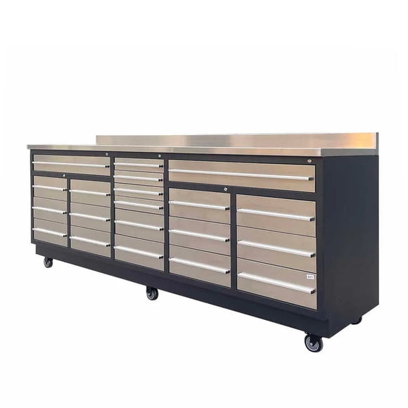 TMG Industrial 20 Drawer Stainless Steel Workbench, 9-Ft, TMG Heavy Series, Ball Bearing Double Slides & Casters, TMG-WB921S