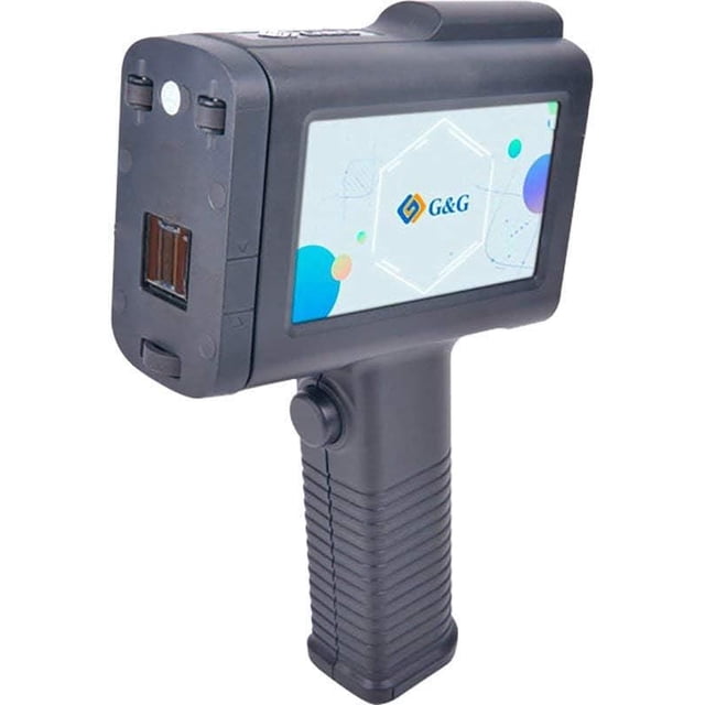 G&G Handheld Inkjet Printer (Blue Cover) with a black pistol grip and 4.3-inch color touchscreen showing the G&G logo, designed for portable, fast printing of labels, barcodes, and QR codes on various surfaces in office and warehouse settings.