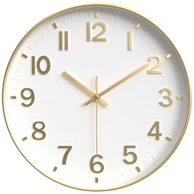 REGALWOVEN Simple Wall Clock, Big Arabic Numerals, Silent Non-Ticking Modern Battery Operated, Classic Decorative for Home White and Gold 12 x 12 x 1.6 Inch