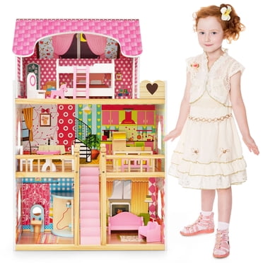 Gymax Maison de Poupée en Bois pour Enfants, Bricolage pour Tout-Petits, Maisonnette de Jeu d'Imitation avec 15 Accessoires de Mobilier