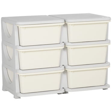 Qaba Organisateur de Jouets pour Enfants à 3 Niveaux avec 6 Bacs de Rangement en Plastique, Blanc Crème