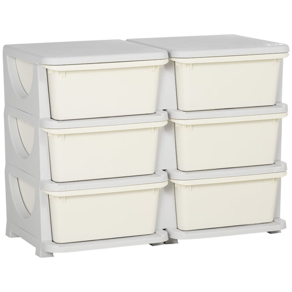 Qaba 3 Tier Kids Toy Organizer with 6 Plastic Storage Bins, Cream White