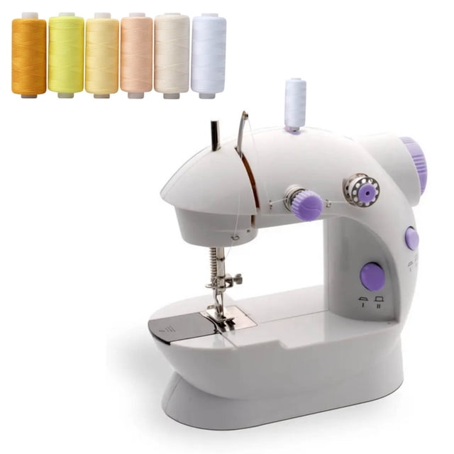Iumwxz Sewing Thread 36 Colors Sewing Industrial Machine And Hand Stitching Cotton Sewing Thread set with six beige-toned spools, each containing 400 yards of durable polyester fiber thread. Ideal for arts and crafts, embroidery, and garment stitching. Displayed next to a compact white sewing machine with purple accents, suitable for hand and machine sewing.