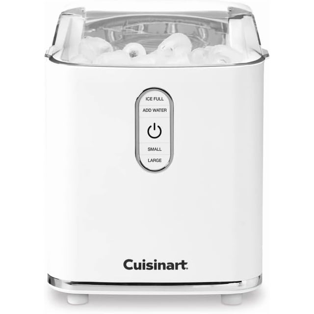 Cuisinart Compact Bullet Ice Cube Maker in white with clear lid showing bullet-shaped ice cubes, front panel with power button and illuminated indicators for ice full, add water, small and large ice cube sizes, compact design for kitchen countertops, ideal for quickly making up to 26 lb of ice and chilling beverages.
