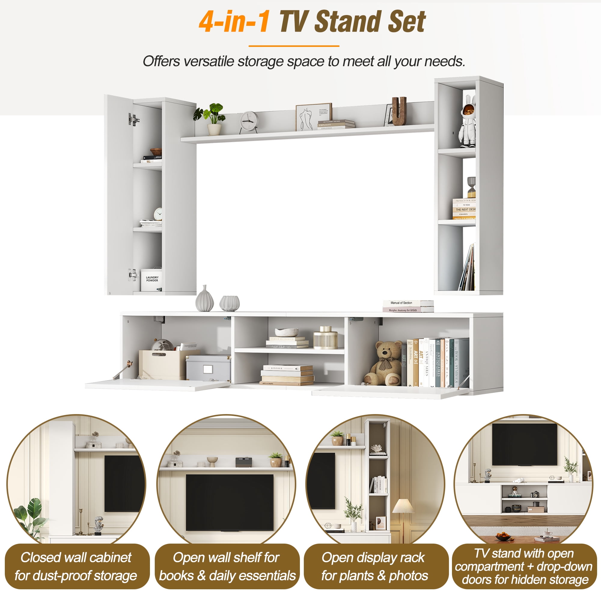 Homy Casa Modular White Entertainment Center with TV Console, 2 Display Cabinets and Wall Shelf