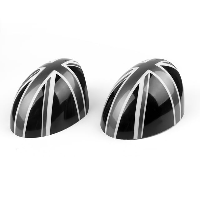 2x Union Jack WING Mirror Covers fit for MINI Cooper R55 R56 R60 Power Fold Mirror. These black and white Union Jack UK flag design rearview mirror covers are made of durable automotive-grade ABS plastic. Designed for Mini Cooper models with auto powerfolding mirrors, including R55 Clubman, R56 Hatchback, R57 Convertible, R58 Coupé, R60 Countryman, and R61 Paceman. Easy installation with pre-applied double-sided tape, no cutting or drilling required.