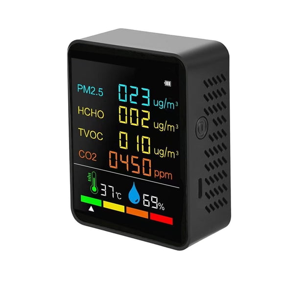 Riwcyla Testeur de CO2 Multifonction pour la Qualité de l'Air Domestique avec Dioxyde de Carbone PM2.5 TVOC HCHO Valeur Électricité Quantité Affichage de l'Humidité Écran LCD Rétroéclairé Couleur Auto, calibration avec Fonction