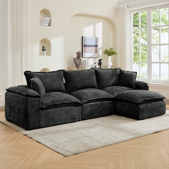 Korser 122" Modular Sectional Sofa with Deep Seat Cozy Double-Layer Cushioned Sofa with Convertible Ottoman, Modern Comfy Cloud Couch 3-seat L-shaped Sofa for Living Room, No Assembly Required,Grey
