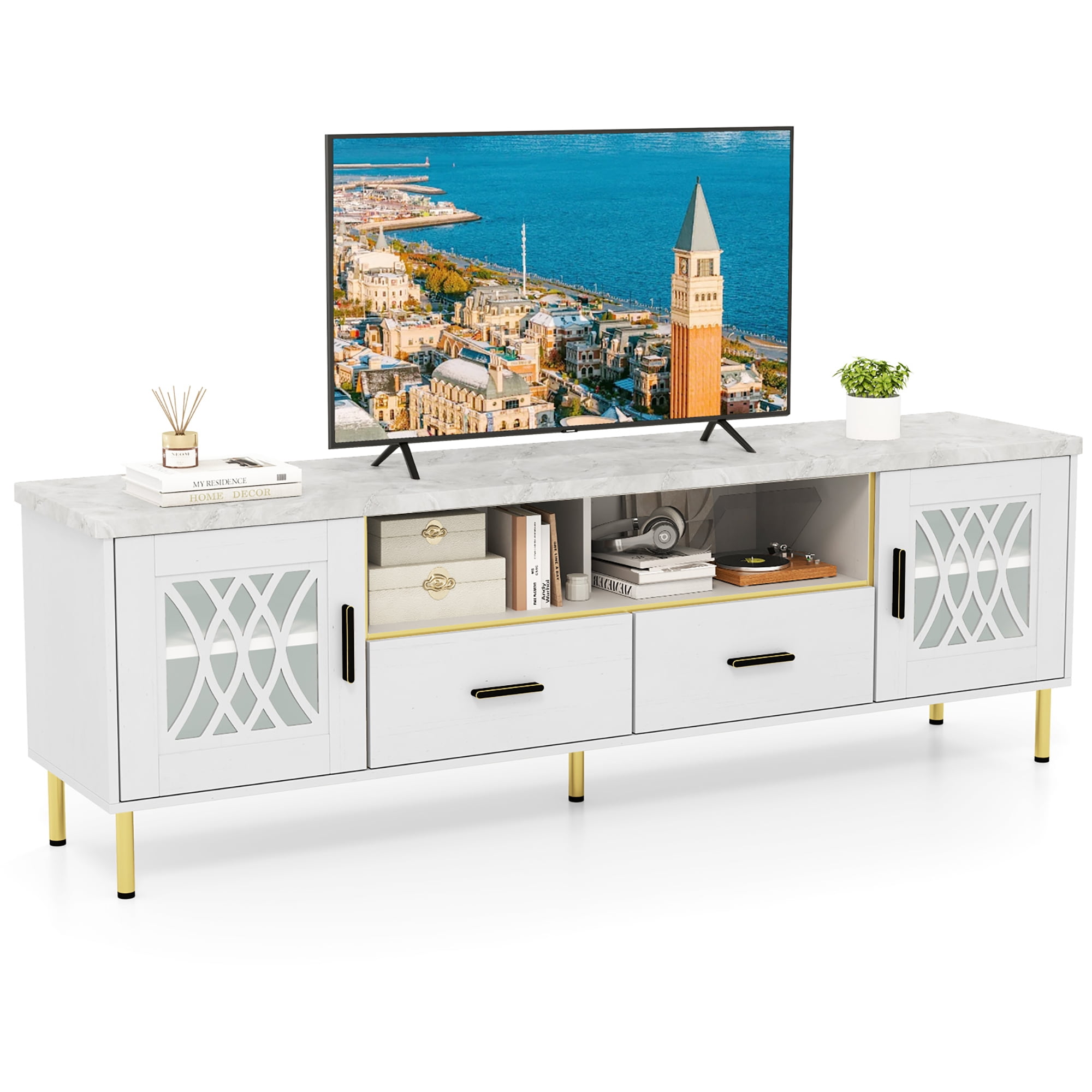 Gymax Centre de divertissement moderne en faux marbre Meuble TV de 71 po pour téléviseurs de 80 po Blanc