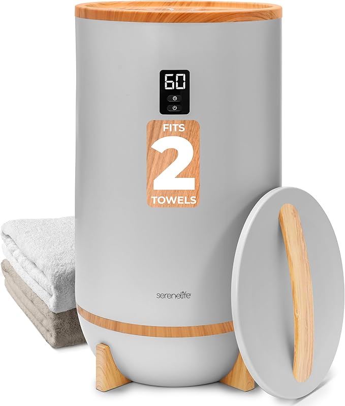SereneLife Single Touch Towel & Blanket Warmer with Fragrant Disc Holder and LED Ring, Automatically Shut off Feature, Built-in Timer to Heat Towels for 15, 30, 45, or 60 minutes (Gray / Bamboo)