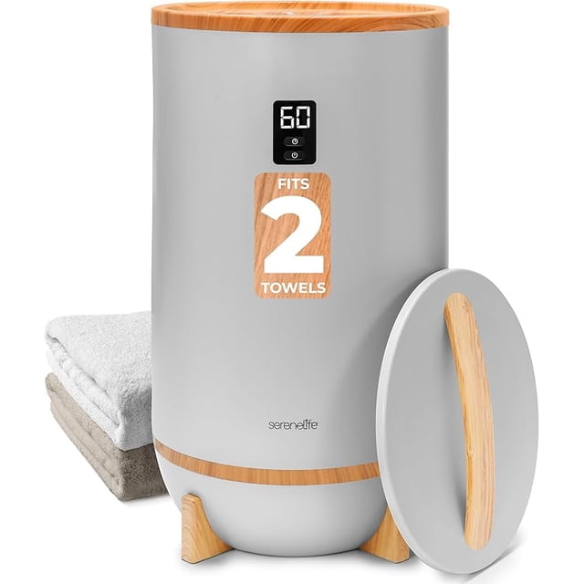 SereneLife Single Touch Towel & Blanket Warmer with Fragrant Disc Holder and LED Ring, Automatically Shut off Feature, Built-in Timer to Heat Towels for 15, 30, 45, or 60 minutes (Gray / Bamboo)
