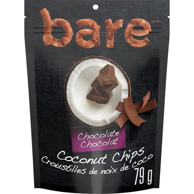 Bare Chocolate Coconut Chips 79g black resealable bag with the brand name 'bare' in brown textured letters, a halved coconut filled with chocolate chunks, and chocolate coconut chip pieces beside it, highlighting a gluten-free baked crunchy snack made from real coconuts, coconut nectar, and unsweetened chocolate, often enjoyed as a fibre-rich treat.