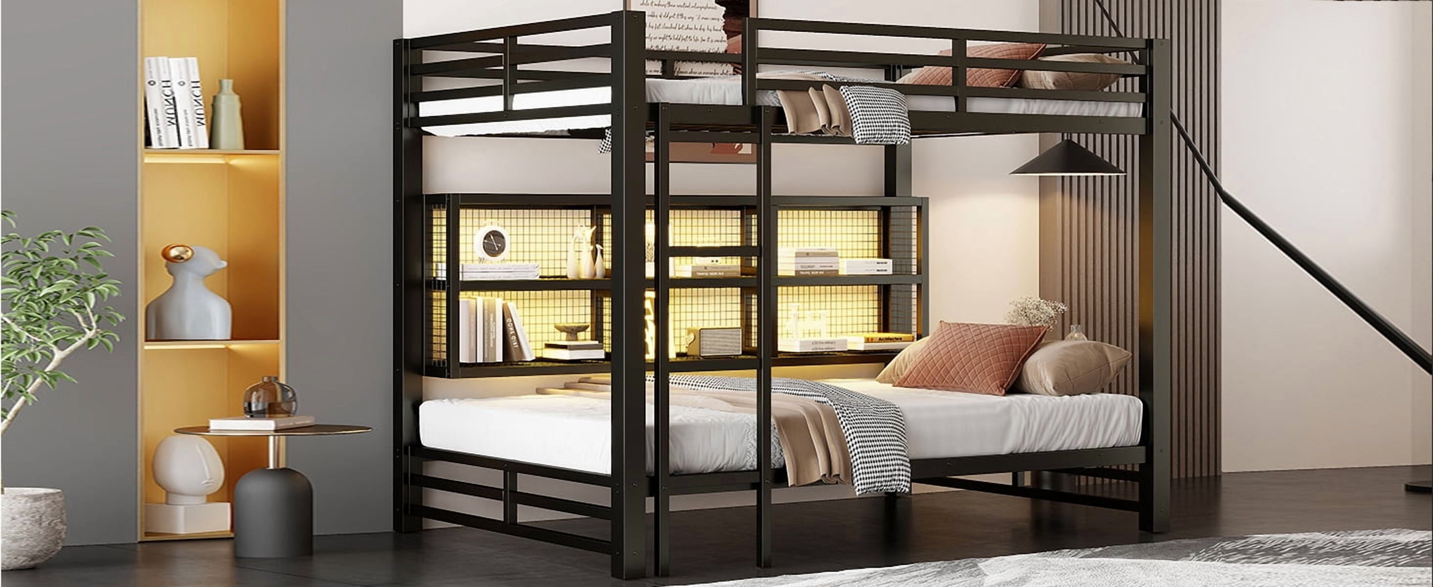 Noble House Metal Queen over Queen Bunk Bed with Storage Cabinets and LED, Black
