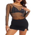 thumbnail image 3 of Women‘s Summer Sheer Mesh Tops Long Sleeve  Neck Rhinestone Slim Fit Crop Tops, 3 of 7